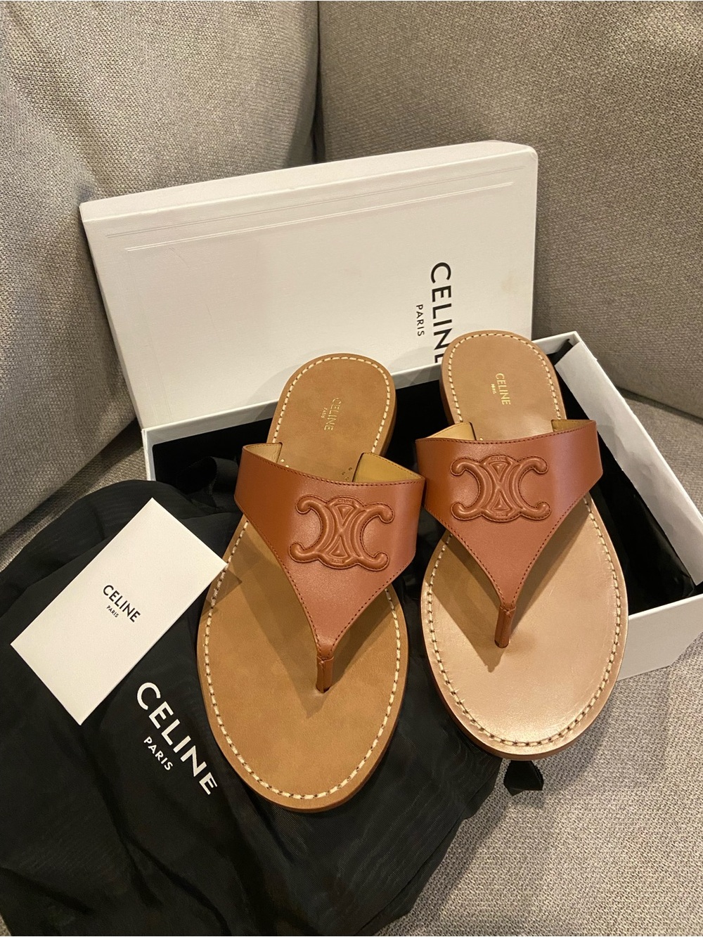 NEW Celine Triomphe Brown Tan Leather Logo Thong Sandals